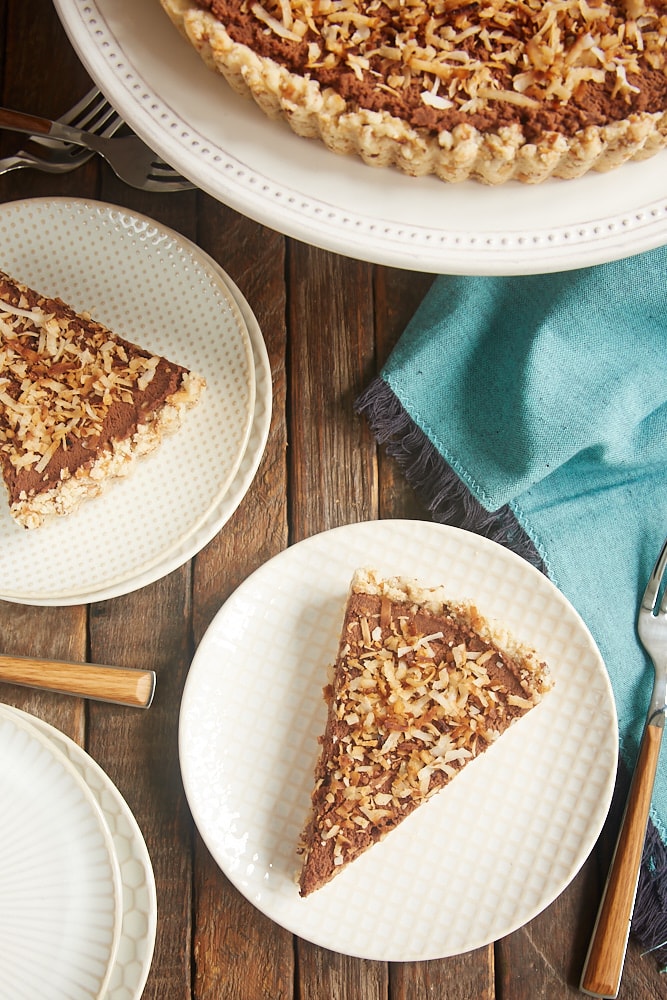 slice of Chocolate Mousse Pie with Toasted Coconut Crust