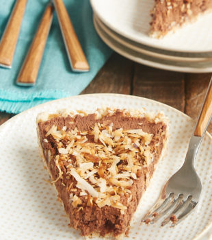 slice of Chocolate Mousse Pie with Toasted Coconut Crust