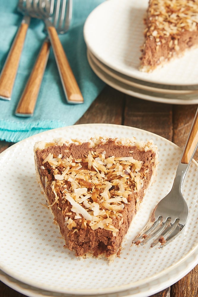 slice of Chocolate Mousse Pie with Toasted Coconut Crust