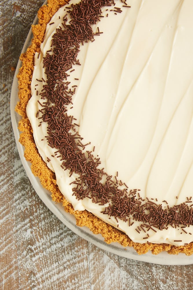 No-Bake Irish Cream Cheesecake garnished with chocolate sprinkles 