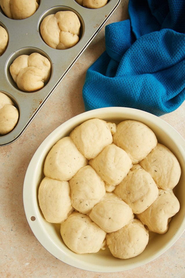 unbaked Smoked Salt and Thyme Brown and Serve Rolls in pans
