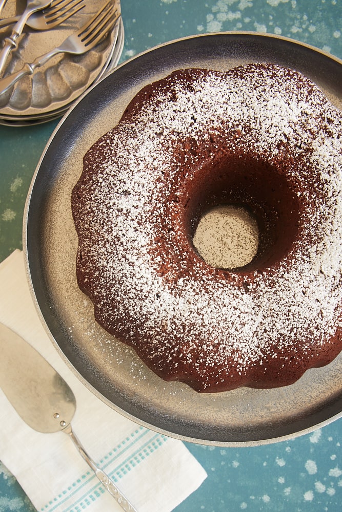 overhead view of Buttermilk Mexican Chocolate Pound Cake dusted with confectioners' sugar