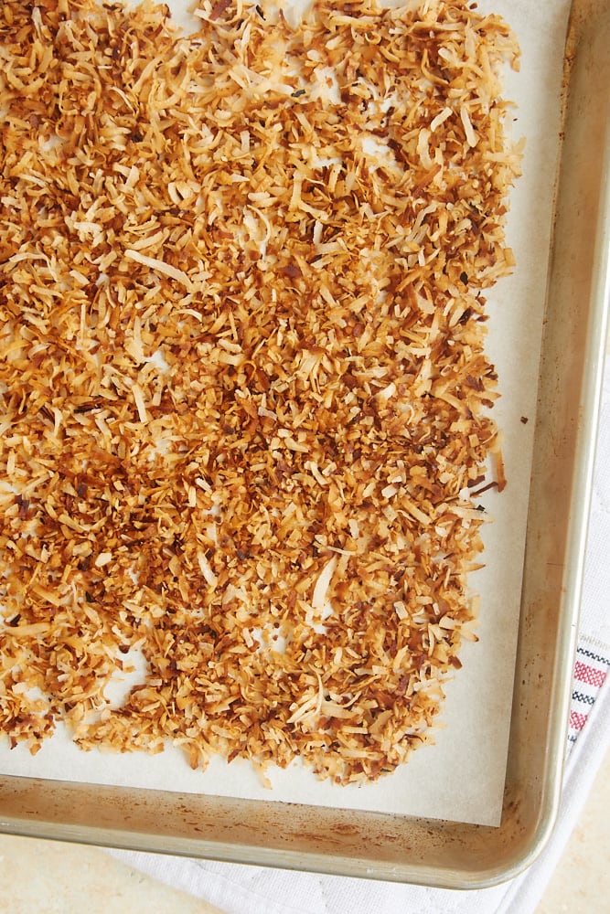 coconut toasted on a rimmed baking sheet