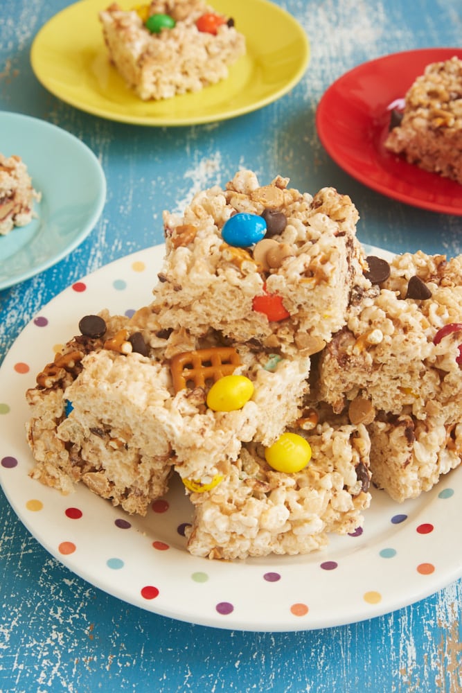 plate of Kitchen Sink Crispy Treats - Rice Crispy Treats recipe on Bake or Break