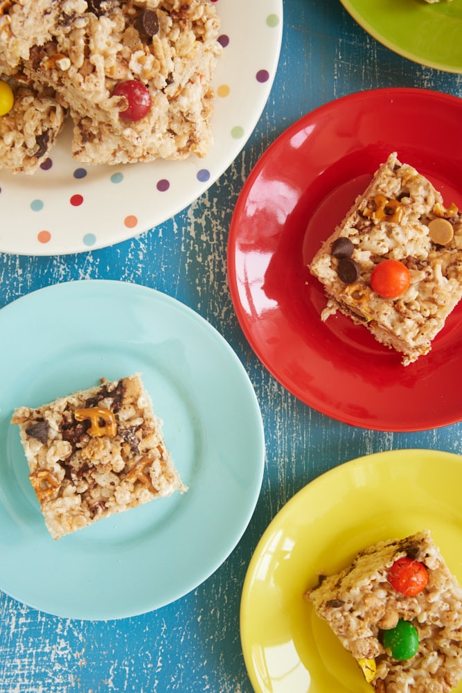 Kitchen Sink Rice Crispy Treats served on colorful plates