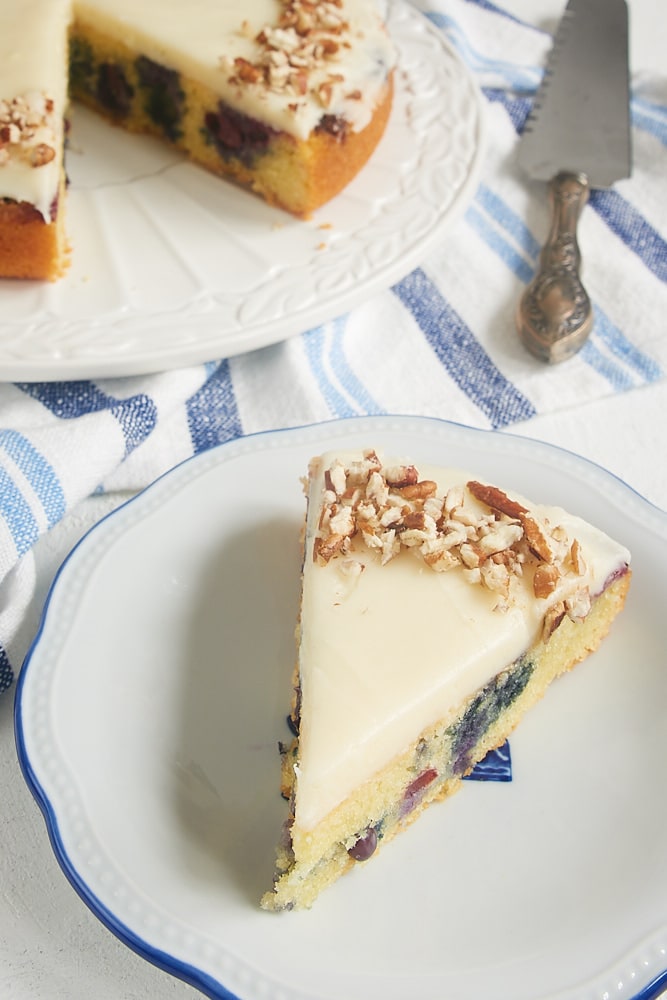 slice of Blueberry Snack Cake with Cream Cheese Frosting