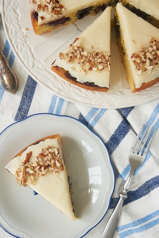 slices of Blueberry Snack Cake with Cream Cheese Frosting