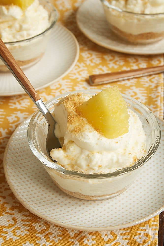 No-Bake Pineapple Cheesecakes served in individual bowls