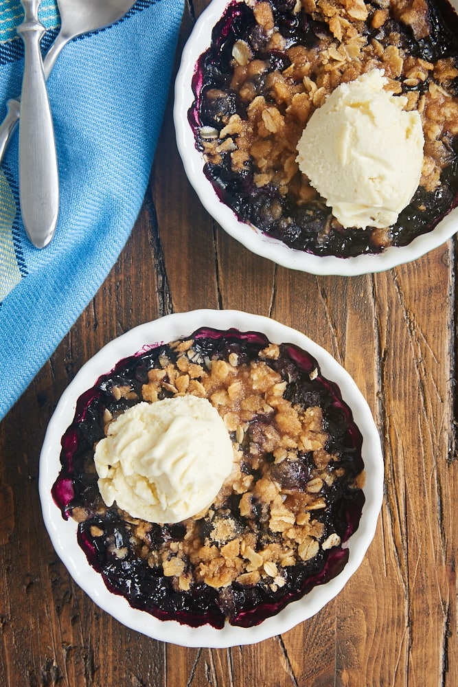 overhead view of Blueberry Crumble for Two topped with ice cream