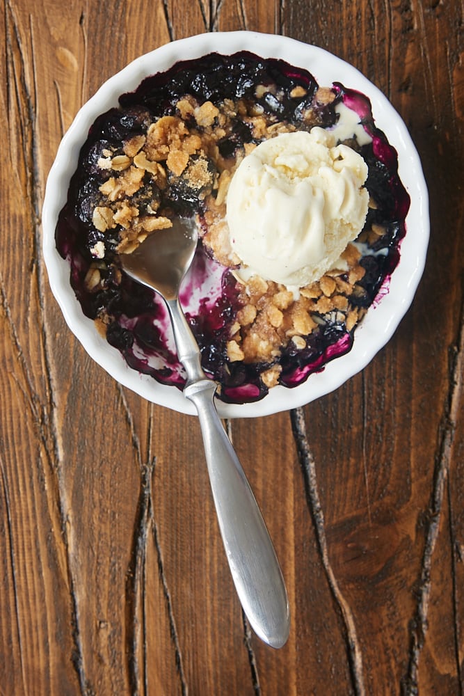 overhead view of a Blueberry Crumble topped with ice cream