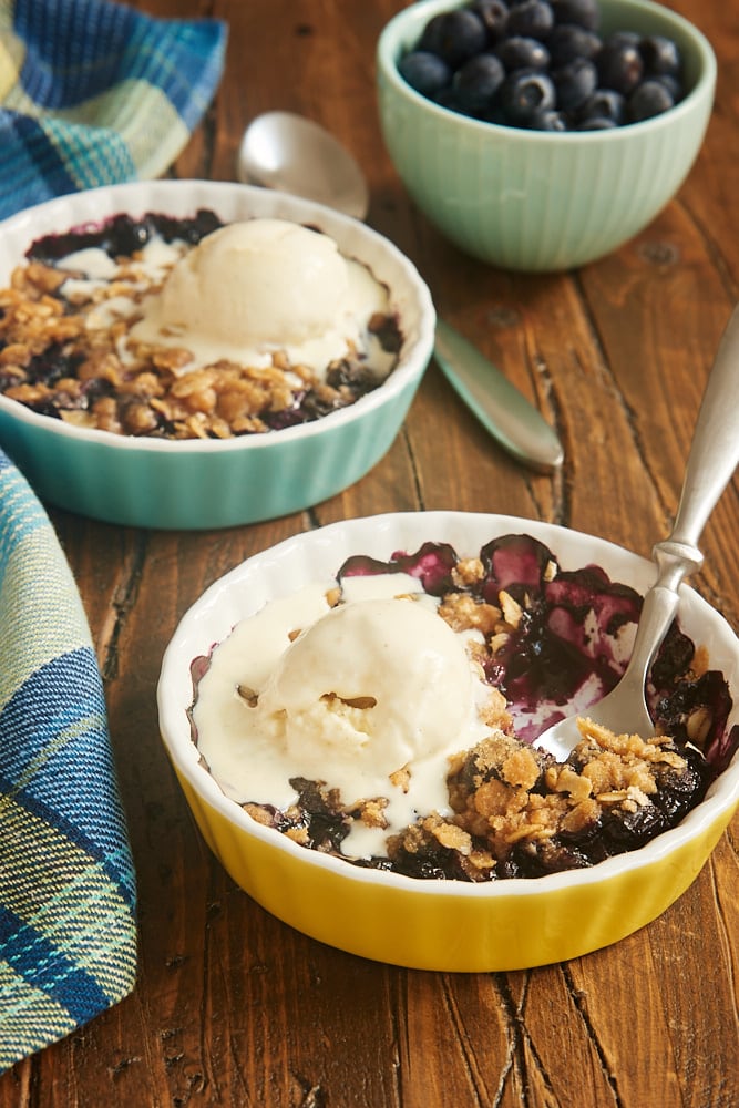 two servings of Blueberry Crumble for Two topped with ice cream