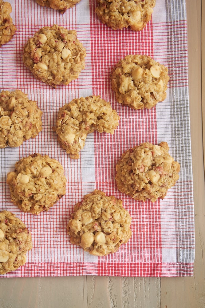 Strawberry White Chocolate Oatmeal Cookies on a napkin