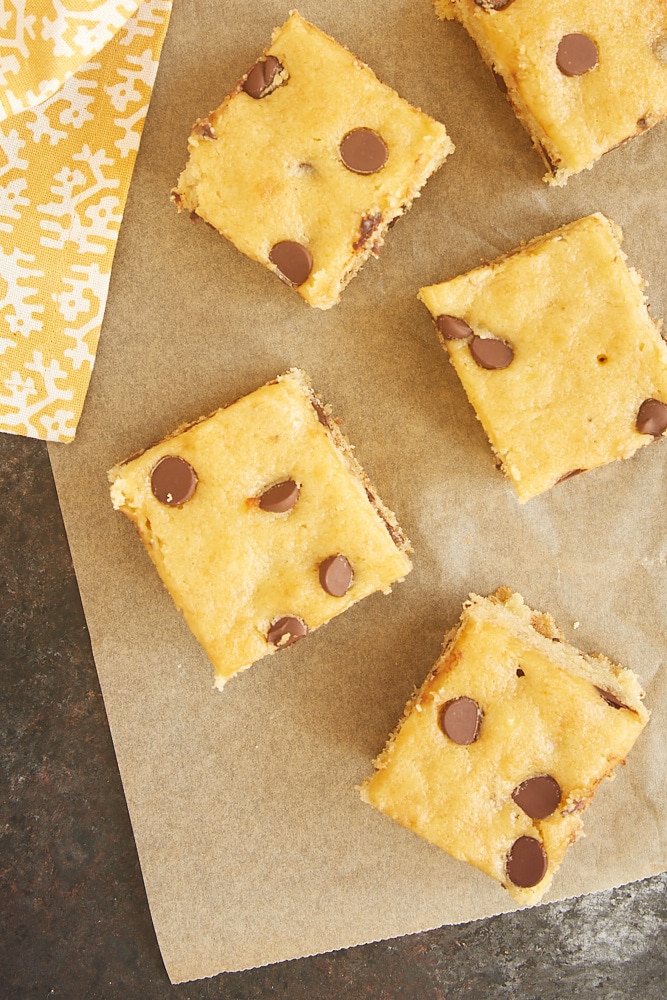 overhead view of sliced Chocolate Chip Banana Bars