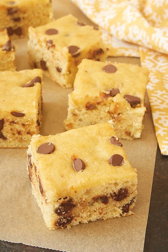 Chocolate Chip Banana Bars on parchment paper