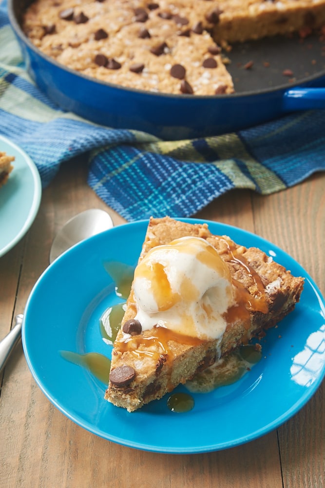 Brown Butter Skillet Blondie with ice cream and caramel sauce