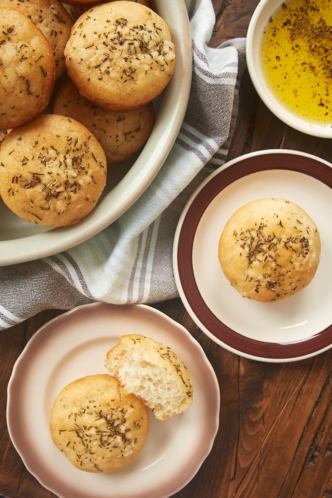 No-Knead Rosemary Focaccia Rolls served with olive oil for dipping