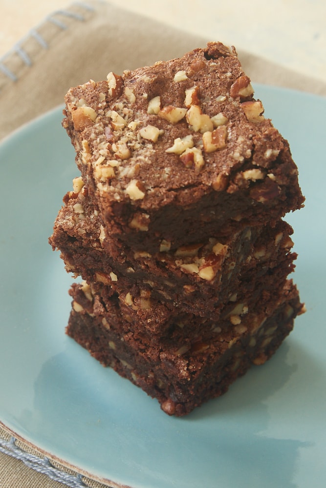 stack of Double Chocolate Cinnamon Pecan Brownies