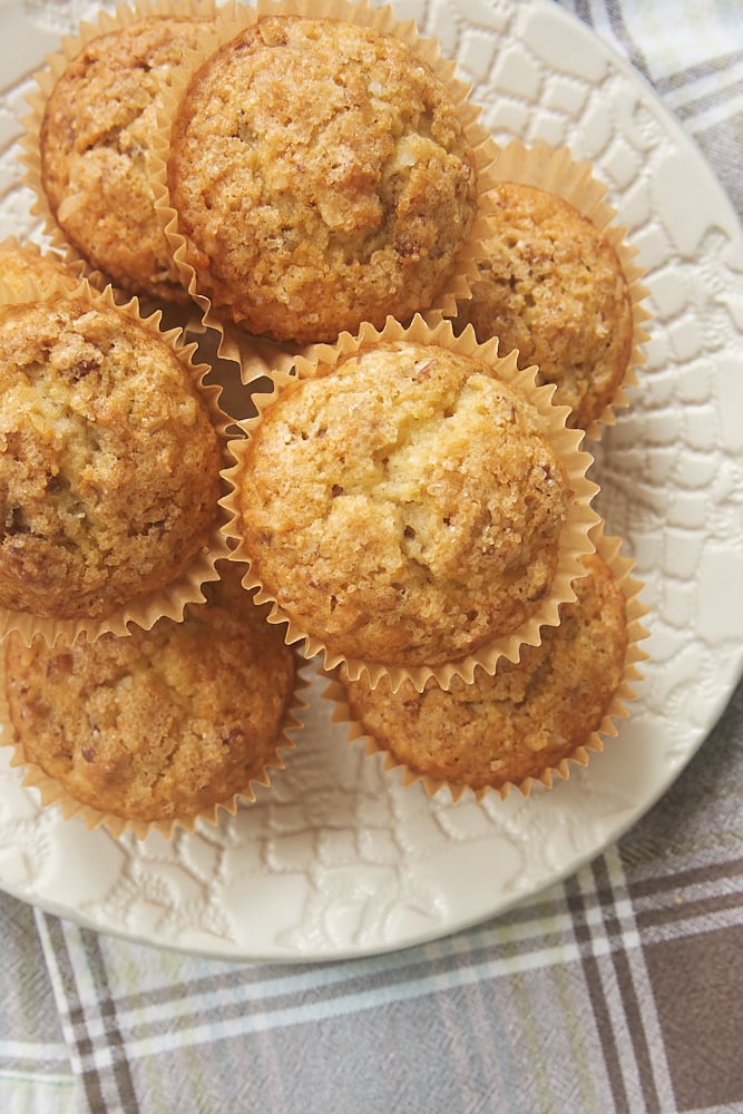 Brown Butter Coconut Pecan Muffins on a white plate