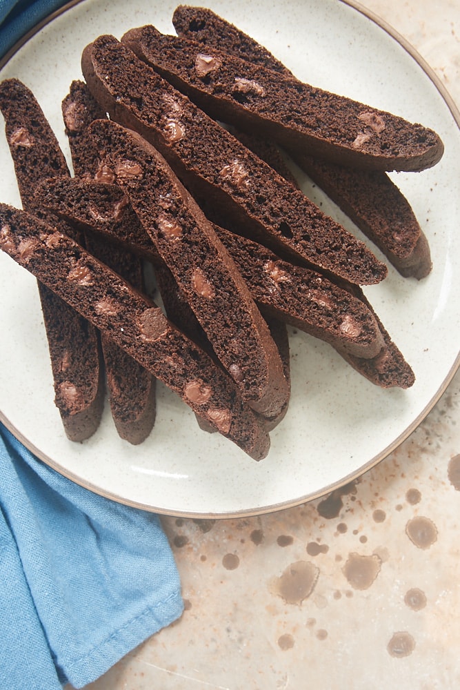 Double Chocolate Biscotti on a speckled plate