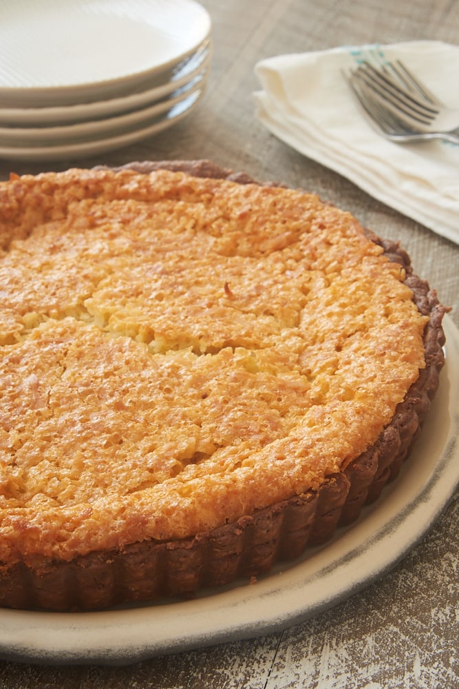 Coconut Chess Pie with Chocolate Crust on serving platter