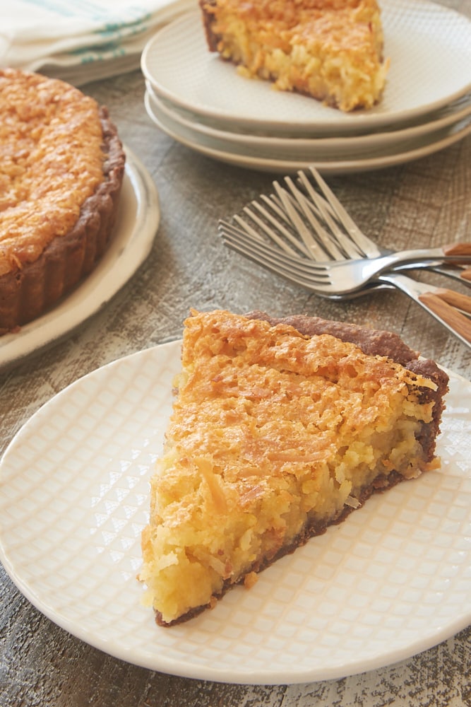 slice of Coconut Chess Pie with Chocolate Crust on white plate