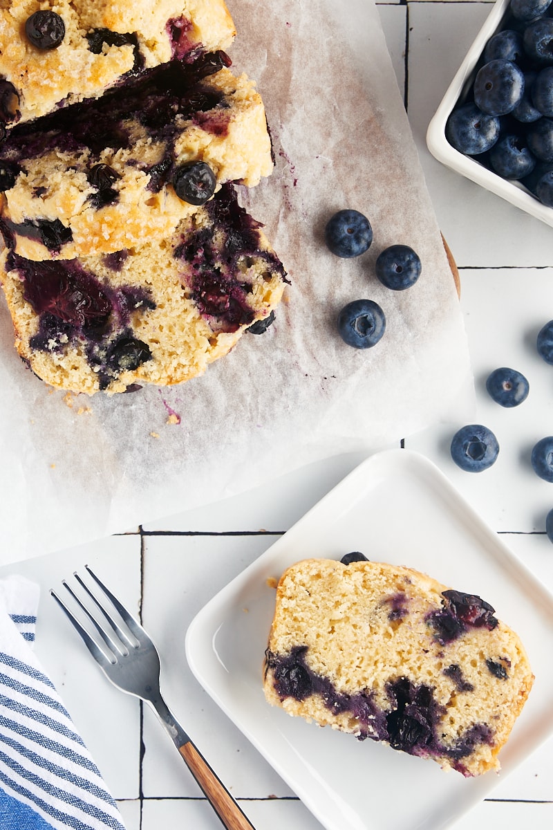 Slice of blueberry bread on a plate.
