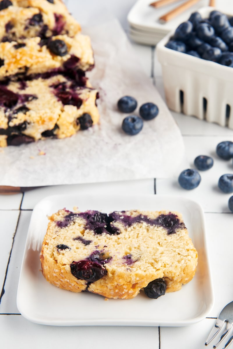 Blueberry loaf on a plate.