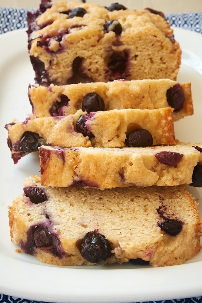 Slices of blueberry bread on white plate