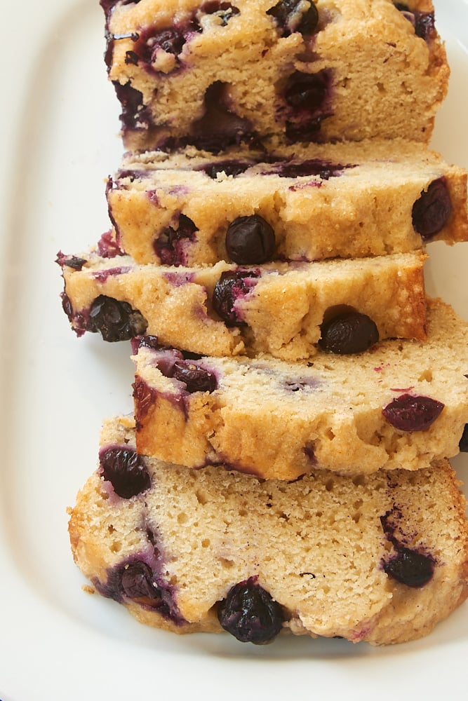 slices of Blueberry Bread on a white serving tray