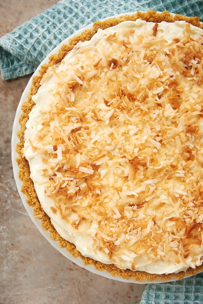 No-Bake Coconut Cheesecake topped with toasted coconut