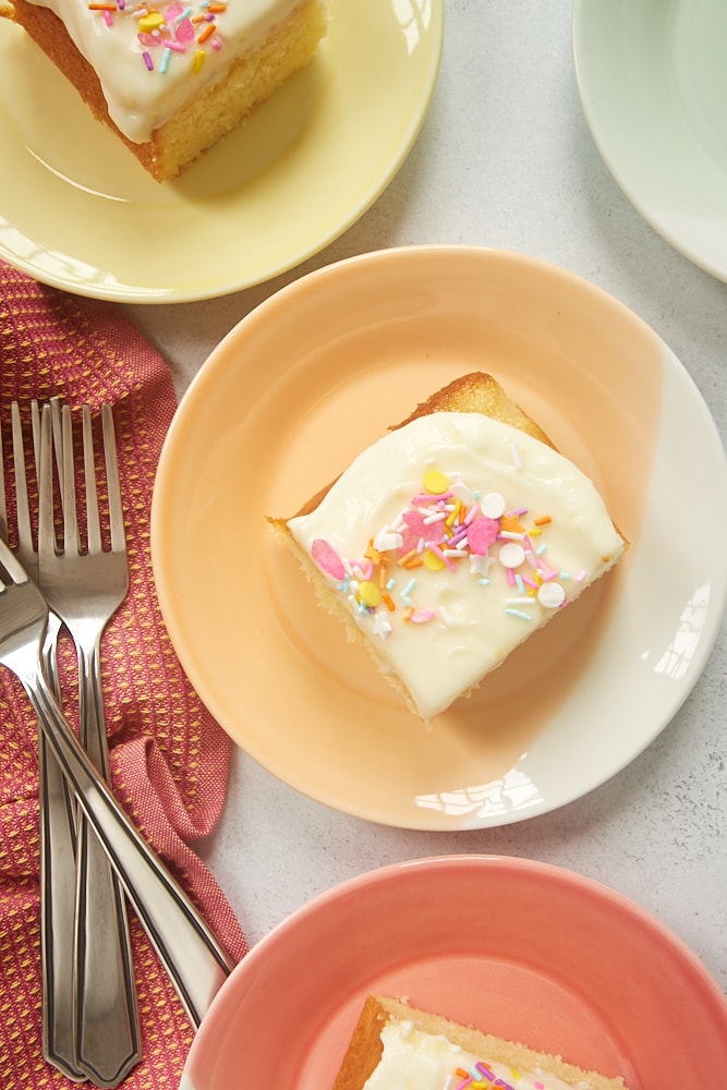 overhead view of Lemon Sheet Cake slices