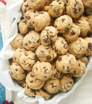 Mini Chocolate Chip Cookies in a metal bowl