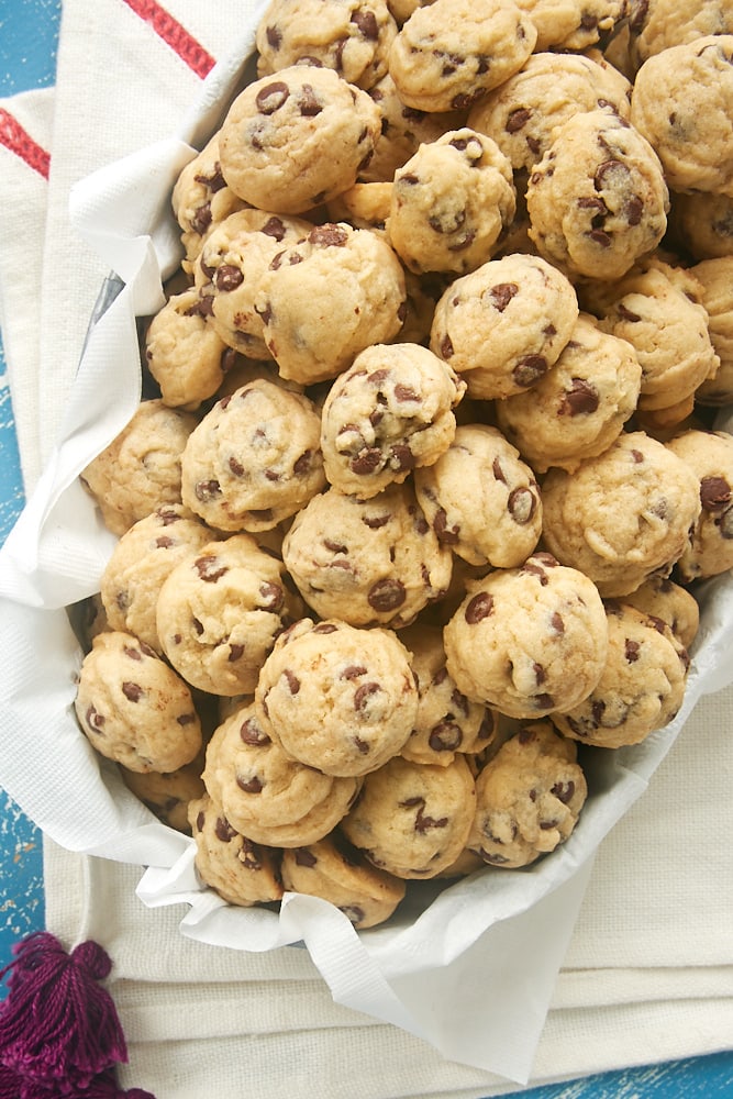 Overhead view of Mini Chocolate Chip Cookies in a metal bowl