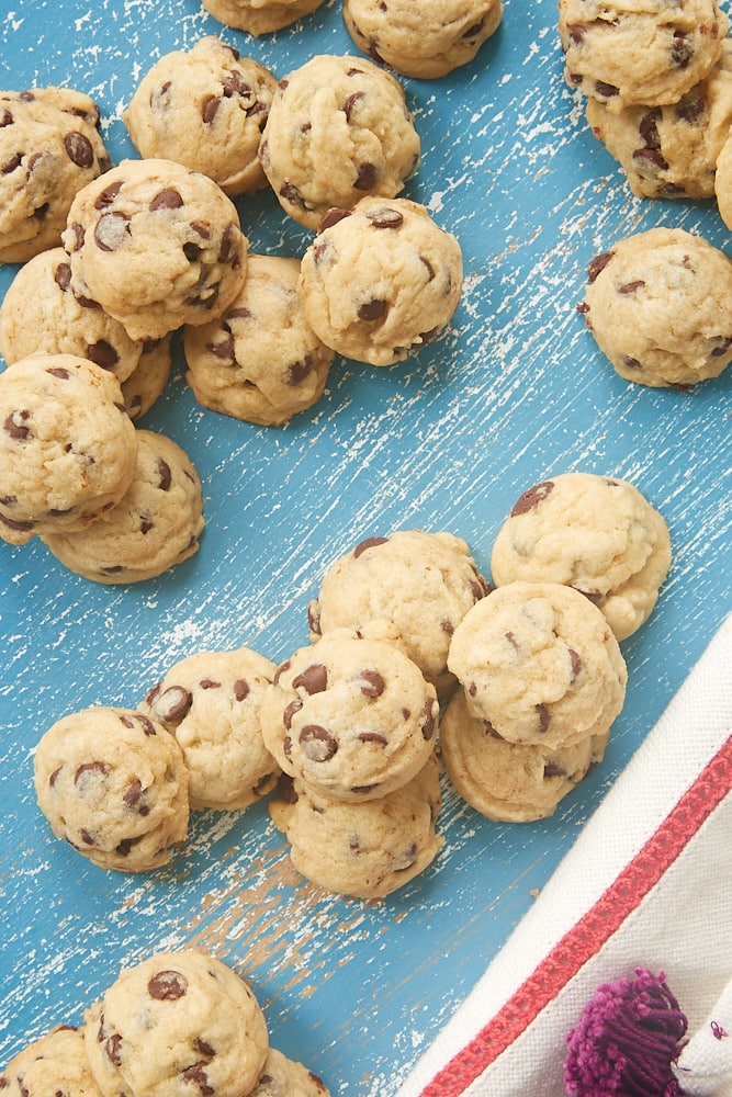 Mini Chocolate Chip Cookies on a blue background