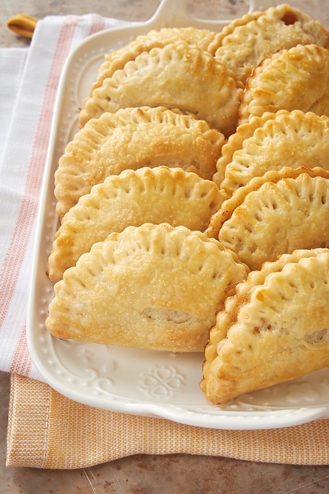 Peach Hand Pies served on a white tray