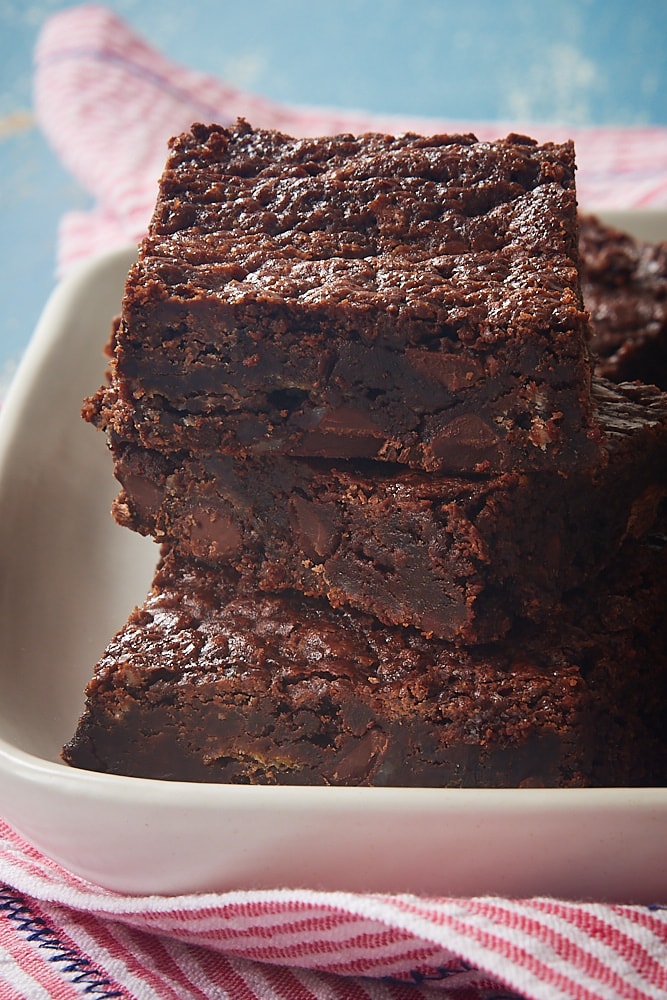 stack of Amy's Brownies on a white tray