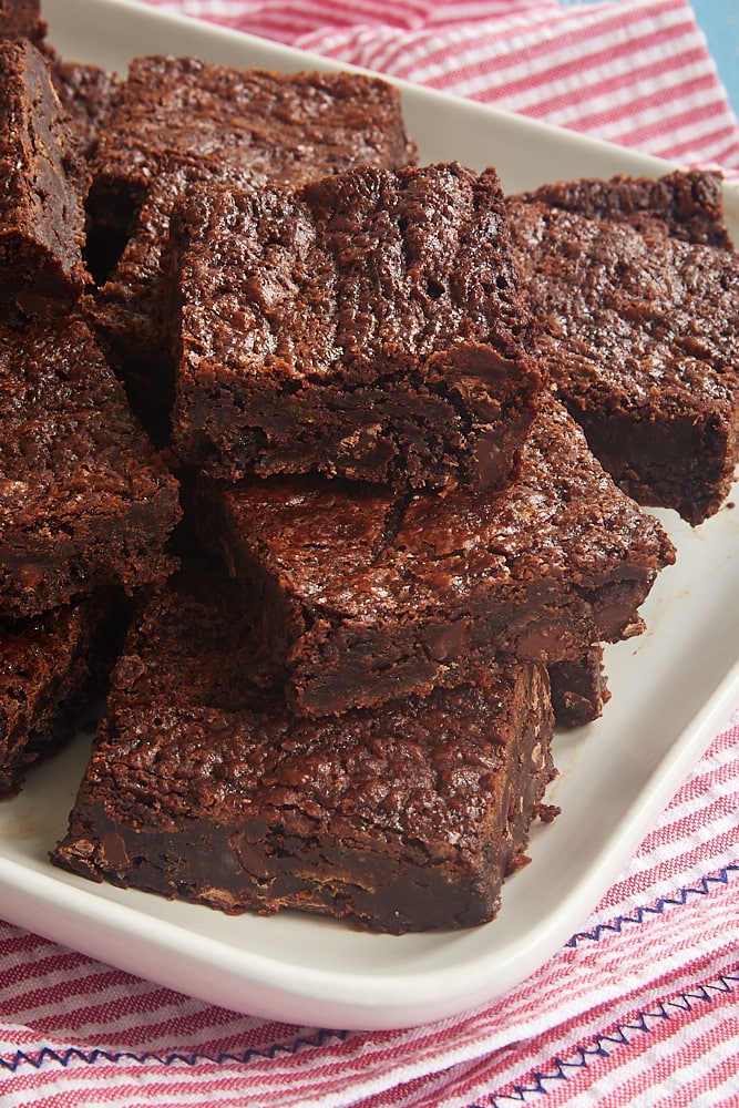 a white tray filled with Amy's Brownies