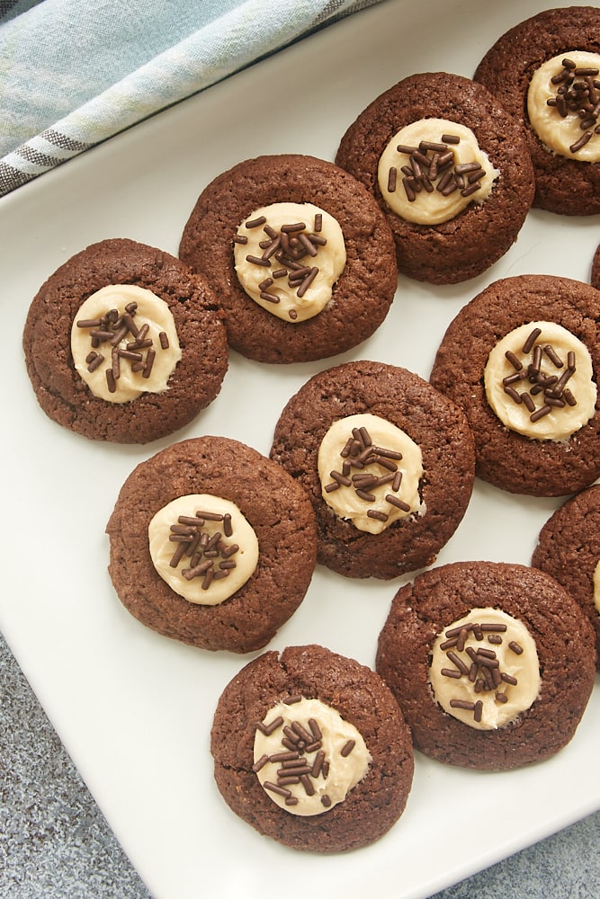 Chocolate Peanut Butter Thumbprint Cookies served on a white tray