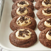 Chocolate Peanut Butter Thumbprint Cookies on a white tray