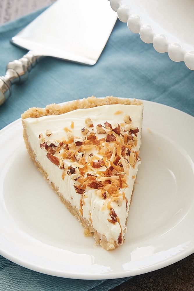 slice of Italian Cream Tart on a white plate