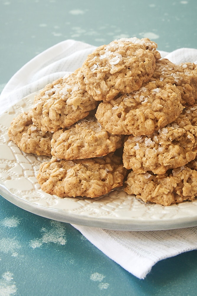 Salted Oatmeal Cookies served on a textured white plate