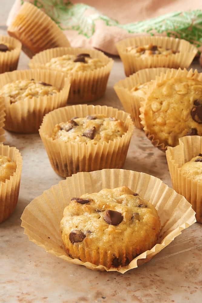 Banana Oatmeal Chocolate Chip Muffins in paper liners