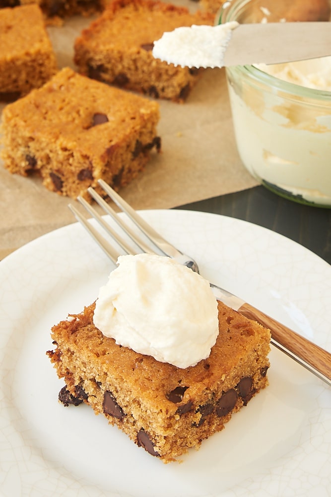 slice of Chocolate Chip Graham Cracker Snack Cake on a white plate