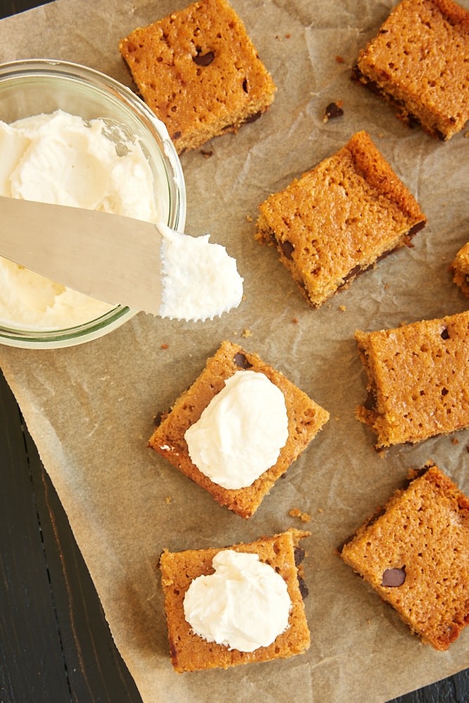 slices of Chocolate Chip Graham Cracker Snack Cake on parchment paper