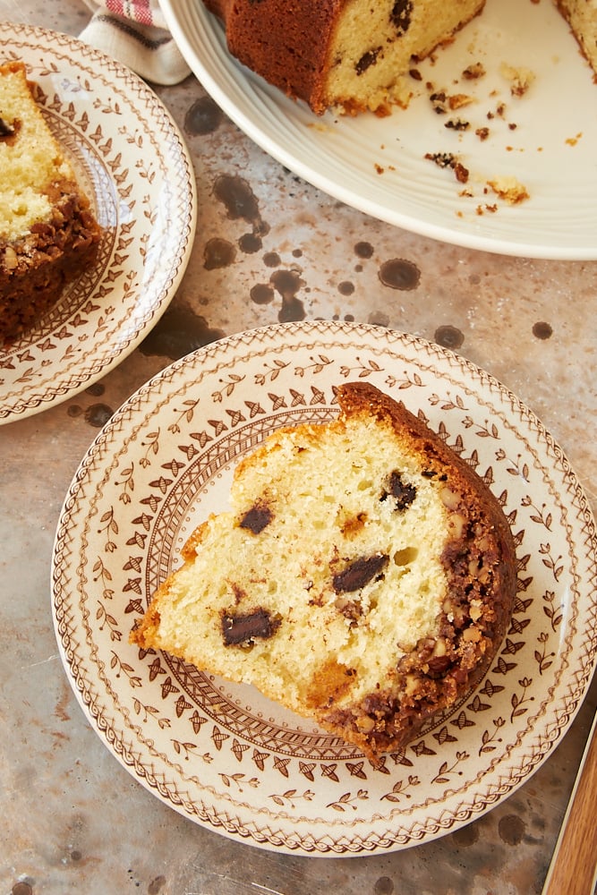 Slice of Chocolate Chunk Pecan Crunch Bundt Cake on plate