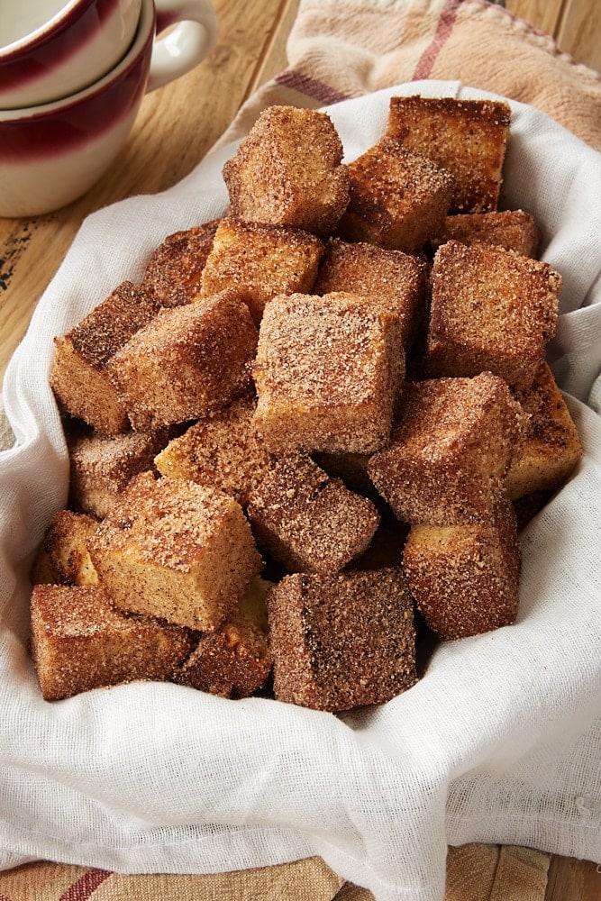 Cinnamon Sugar Pound Cake Bites in a lined basket