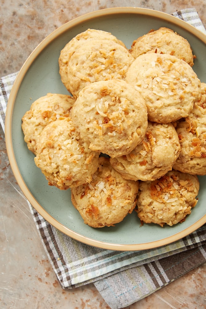 Coconut Cashew Toffee Cookies on a light green plate