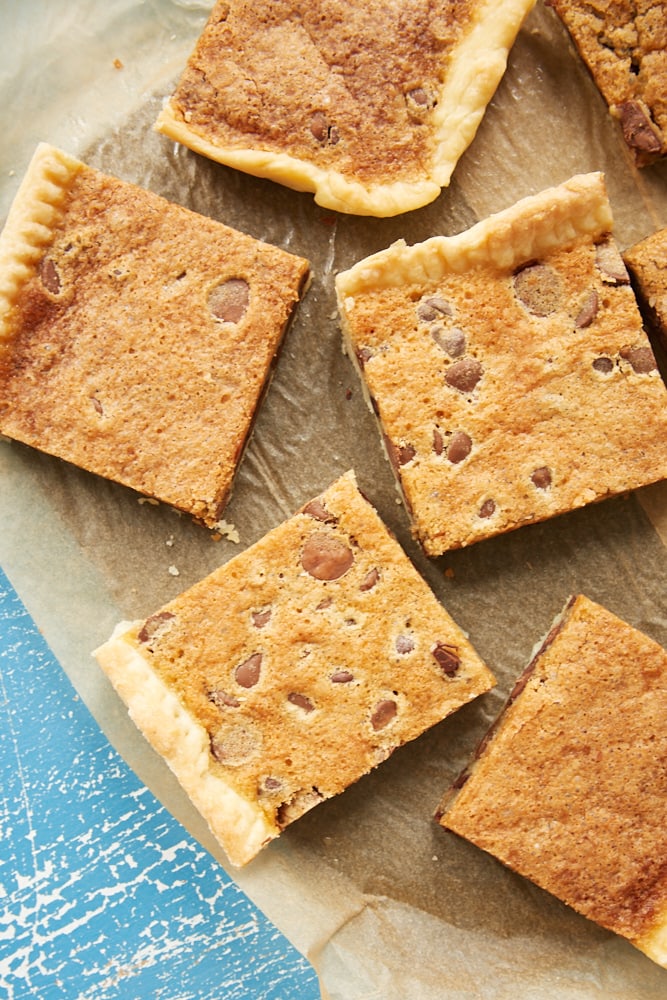 slices of Double Chocolate Chip Slab Pie on parchment paper