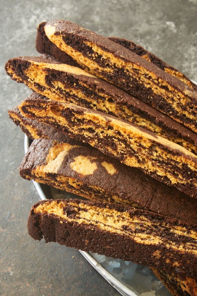 Chocolate Vanilla Marbled Biscotti in a metal serving basket