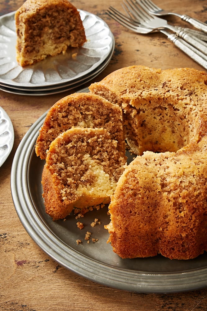 Cinnamon Crown Cake on a pewter serving plate